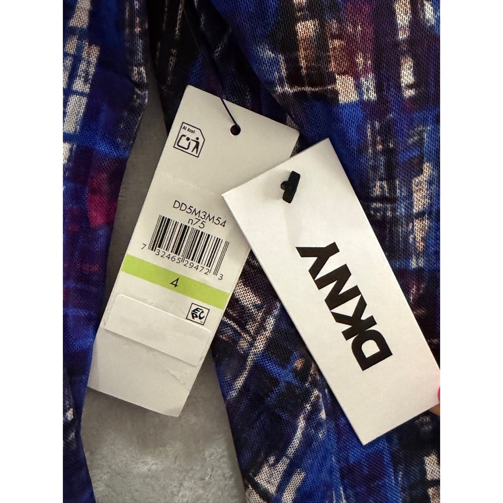 DKNY Mesh Midi Dress Womens Blue Abstract Ruched Long Sleeve 4 NWT - Picture 10 of 11
